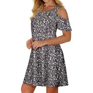 🆕Women Black Floral Cold Shoulder Dress Short Sleeve Sundress Pocket Polyester